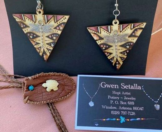 Earrings and pouch crafted by Gwen Setalla, Hopi