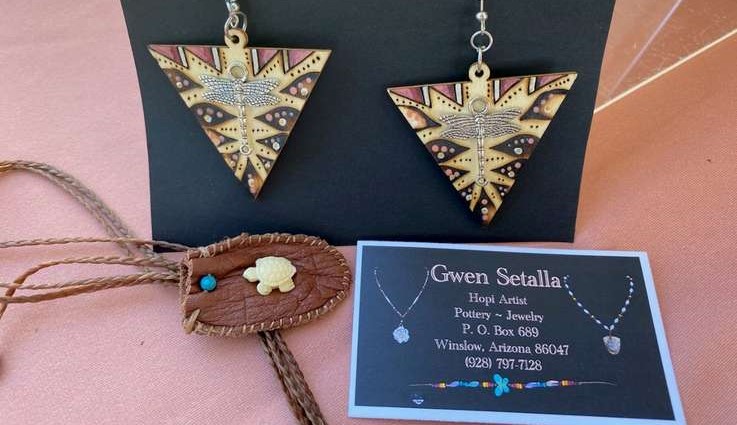 Earrings and pouch crafted by Gwen Setalla, Hopi
